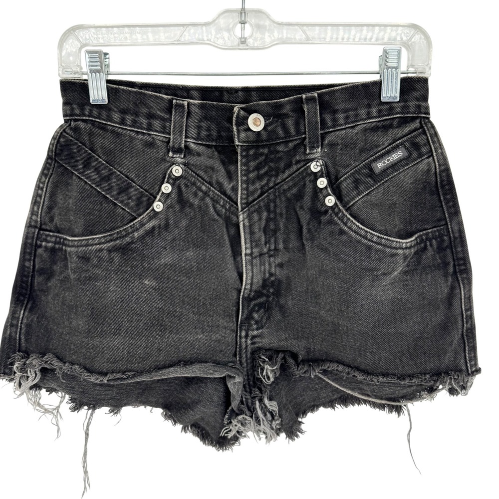 Vintage 80s Retro Western Yoke High Rise Cut Off Black Denim Mom Shorts Size 29